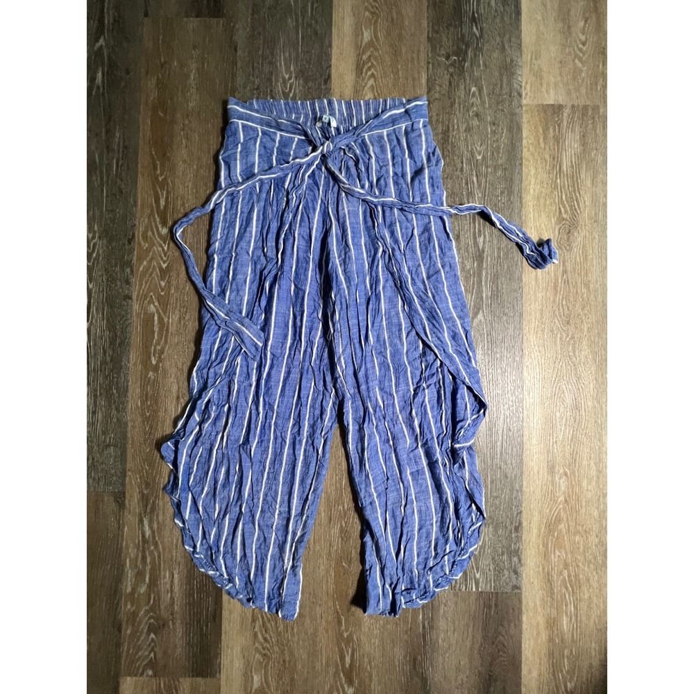 Blue Island Tulip Pants Womens Medium Blue Striped Wrap Front Elastic Waist Tie
